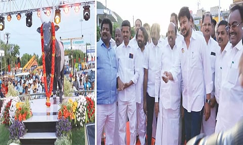 திருவண்ணாமலை வேங்கிக்கால் அண்ணா நுழைவு வாயில் முன்பு நெடுஞ்சாலை துறை மூலமாக ரூ.25 லட்சம் மதிப்பில் காளை சிலையுடன் கூடிய ரவுண்டானா அமைக்கப்பட்டு உள்ளது. இதன் திறப்பு விழா நேற்று நடந்தது.