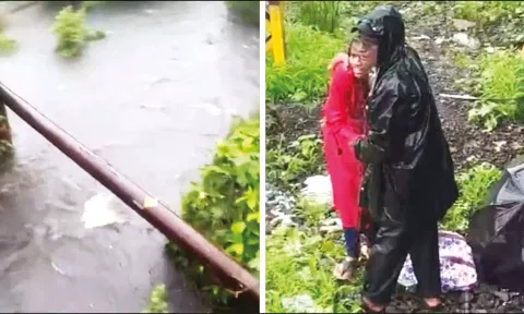 குழந்தை தவறி விழுந்த சாக்கடை கால்வாயையும், தாய் கதறி அழுததையும் படத்தில் காணலாம்.