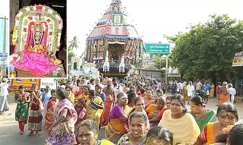 தேரை பெண் பக்தர்கள் மட்டுமே வடம் பிடித்து இழுத்து சென்ற காட்சி. (உள்படம் : சிறப்பு அலங்காரத்தில் அறம் வளர்த்த நாயகி அம்மன்)