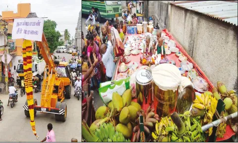 கிரேன் மூலம் 15 அடி உயர மாலையை எடுத்து சென்றதையும், மாட்டு வண்டியில் எடுத்துச் சென்ற சீர்வரிசை பொருட்களையும் படத்தில் காணலாம்.