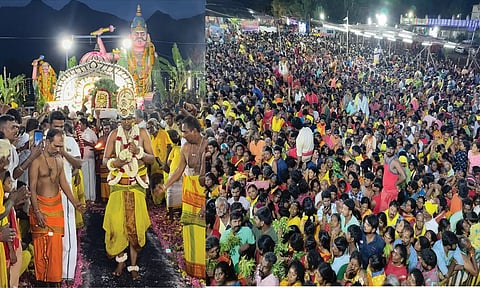 தலைமை பூசாரி குண்டம் இறங்கி தொடங்கி வைத்ததையும், திருவிழாவை காண திரண்ட பக்தர்களையும் காணலாம்.