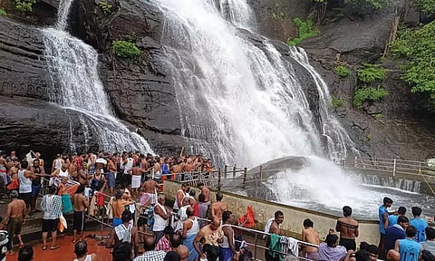 உற்சாகமாக குளித்து மகிழ்ந்த சுற்றுலா பயணிகளை படத்தில் காணலாம்.