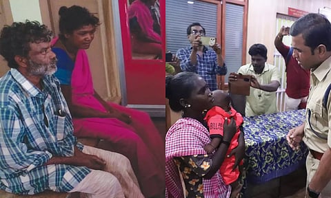 கைது செய்யப்பட்ட நாராயணன்-சாந்தியிடம் போலீசார் விசாரணை நடத்திய காட்சி - குழந்தையை பெற்றோரிடம் ஒப்படைத்தபோது எடுத்த படம்
