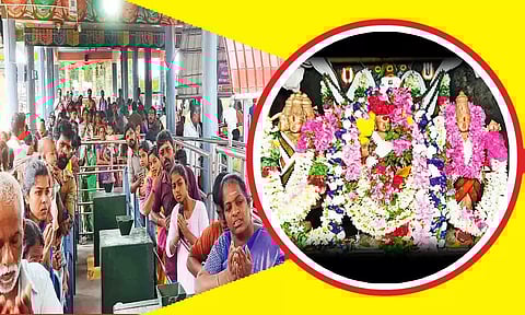 ஆடிபெருக்கையொட்டி அமணலிங்கேஸ்வரர் கோவிலில் சாமி தரிசனம் செய்த பக்தர்கள்.