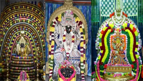 ஆடி வெள்ளிக்கிழமையையொட்டி அஸ்தம்பட்டி மாரியம்மனுக்கு வளையல் அலங்காரம், எல்லைபிடாரி அம்மனுக்கு முத்தங்கி, நெத்திமேடு தண்ணீர் பந்தல் காளியம்மனுக்கு பவள கற்கள் அலங்காரம் செய்யப்பட்டு உள்ளதை படத்தில் காணலாம்.&nbsp;&nbsp;