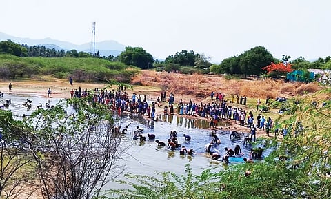 மீன்பிடி திருவிழாவில் கலந்து கொண்டவர்களை படத்தில் காணலாம்.