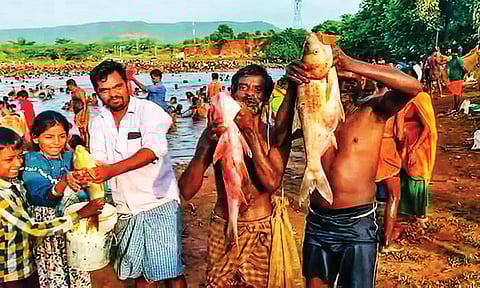 மீன் பிடி திருவிழாவில் ஆர்வமுடன் பங்கேற்றவர்கள்.