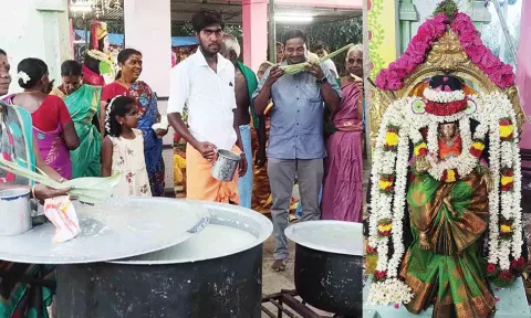 கஞ்சி வார்த்தல் நிகழ்ச்சி நடந்தது. சிறப்பு அலங்காரத்தில் அருள்பாலித்த அம்மன்.