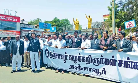 தஞ்சையில் பேரணியாக சென்று வக்கீல்கள் ஆர்ப்பாட்டத்தில் ஈடுபட்டனர்.