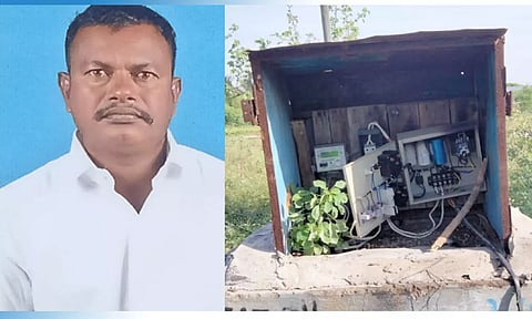 பலியான பாலமுருகனையும், திறந்த நிலையில் கிடக்கும் மின்சார பெட்டியையும் படத்தில் காணலாம்.