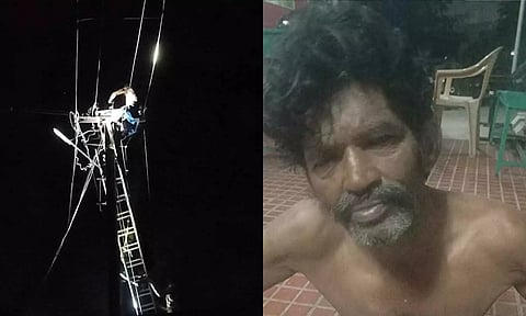 மின் கம்பத்தில் ஏறி விடிய, விடிய ரகளையில் ஈடுபட்ட தொழிலாளி- மதுபோதையில் அட்டகாசம்