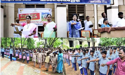 லெட்சுமிபுரம் அரசு மேல்நிலைப்பள்ளியில் தூய்மை விழிப்புணர்வு உறுதிமொழியினை கலெக்டர் ஷஜீவனா தலைமையில் ஆசிரியர்கள், பள்ளி மாணவர்கள் எடுத்துக் கொண்டனர்.