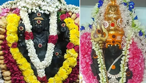 கோப்பணம் பாளையம் பரமேஸ்வரர் கோவிலில் உள்ள கால பைரவரும், கரட்டூர் விஜயகிரி பழனி ஆண்டவர் கோவிலில் உள்ள காலபைரவரும் சிறப்பு அலங்காரத்தில் அருள் பாலித்த காட்சி.