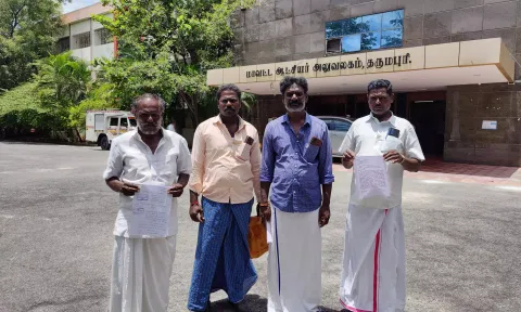 கலெக்டர் அலுவலகத்தில் மனு கொடுக்க வந்த விவசாயி சக்திவேல்.