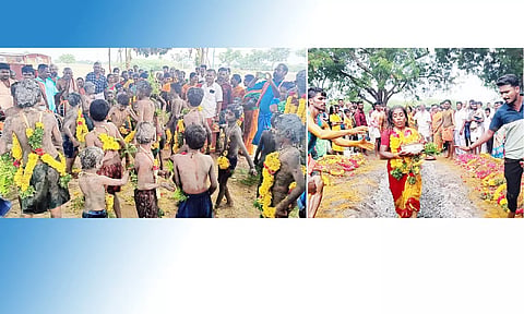 திருவிழாவில் இன்று பக்தர்கள் உடல் முழுவதும் சேறு பூசி ஆடுவதையும், பெண் பக்தர் ஒருவர் பூக்குழி இறங்கியதையும் படத்தில் காணலாம்.