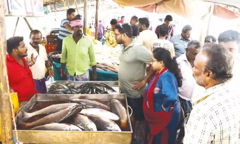 தஞ்சை சந்தையில் மீன்கள் வாங்க குவிந்த மக்கள் கூட்டத்தின் ஒரு பகுதி.
