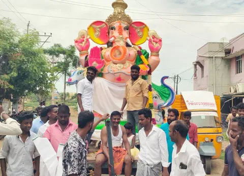 கடலூர் புதுப்பாளையத்தில் பிரதிஷ்டை செய்வதற்காக ஊர்வலமாக கொண்டு செல்லப்படும் விநாயகர் சிலையை படத்தில் காணலாம்.