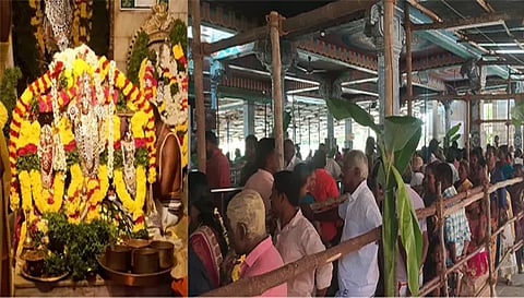 காருவள்ளி சின்னதிருப்பதி கோவிலில் சாமி தரிசனம் செய்ய காத்திருந்த பக்தர்கள்