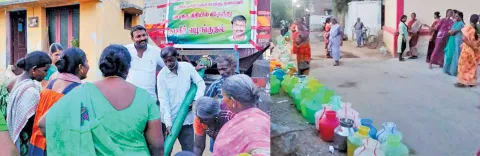 உமரிக்காடு ஊராட்சியில் லாரிகள் மூலம் குடிநீர் வழங்கும் பணியை ஊராட்சி தலைவர் ராஜேஷ்குமார் தொடங்கி வைத்த காட்சி.