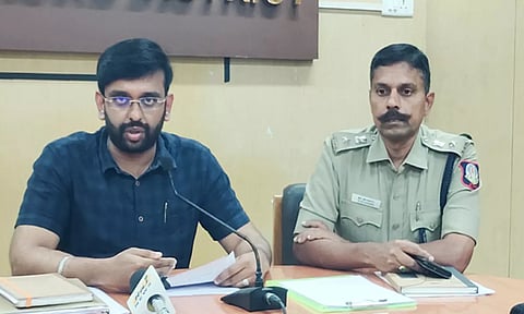கலெக்டர் அருண் தம்புராஜ் நிருபர்களுக்கு பேட்டியளித்தார். அருகில் மாவட்ட போலீஸ் சூப்பிரண்டு ராஜாராம் உள்ளார்