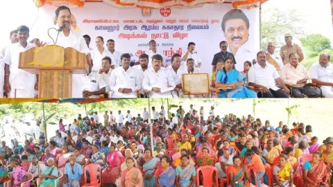 விழாவில் அமைச்சர் ஆர்.காந்தி பேசிய காட்சி. அருகில் கலெக்டர் வளர்மதி, ஈஸ்வரப்பன் எம்.எல்.ஏ. மற்றும் பலர் உள்ளனர்.