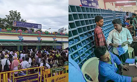 பாதவிநாயகர் கோவில் அருகே உள்ள செல்போன் சேகரிப்பு மையத்தில் கூடியிருந்த பக்தர்கள்.