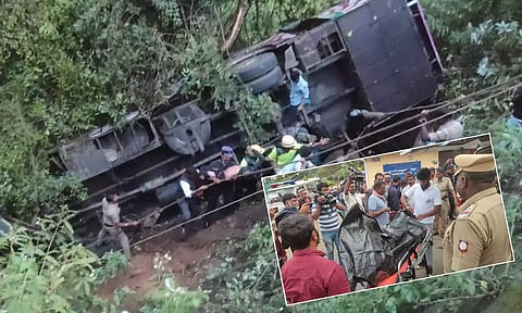 பஸ்சின் அடியில் சிக்கி இன்று காலை பிணமாக மீட்கப்பட்ட பெண்ணின் உடல் குன்னூர் அரசு ஆஸ்பத்திரிக்கு கொண்டு வரப்பட்ட காட்சி.