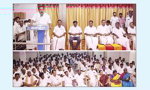 திருப்பாலையில் நடைபெற்ற வடக்கு மாவட்ட தி.மு.க. செயல்வீரர்கள் கூட்டத்தில் அமைச்ச ரும், மாவட்டச் செயலாளருமான பி.மூர்த்தி பேசியபோது எடுத்தபடம். அருகில் வெங்கடேசன் எம்.எல்.ஏ. மற்றும் நிர்வாகிகள் உள்ளனர்.