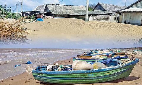 கோடியக்கரையில் உருவான திடீர் மணல் குன்றுகள்: வலைகள் மண்ணில் புதைவதால் மீனவர்கள் கவலை