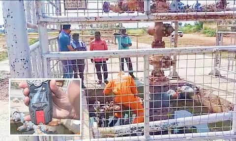 கியாஸ் கசிந்த பகுதிகளை ஓ.என்.ஜி.சி. அதிகாரிகள் ஆய்வு செய்ததையும், மீட்டர் மூலம் கணக்கிட்டதையும் படத்தில் காணலாம்.