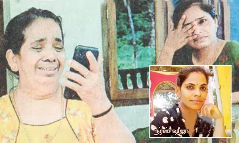 ஆஸ்பத்தரியில் சிகிச்சை பெற்று வரும் நர்ஸ் ஷீஜாவுடன் தாய் மற்றும் சகோதரி வீடியோ காலில் பேசிய காட்சி.