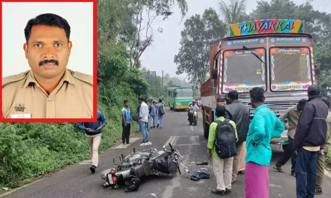 பந்தலூர் அருகே மோட்டார் சைக்கிள் மீது லாரி மோதி போலீஸ் ஏட்டு பலி
