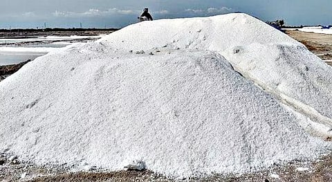 விளைந்த உப்புகள் குவித்து வைக்கப்பட்டுள்ளது. (இடம்:கோப்பேரிமடம்)
