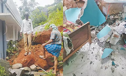 பாறை விழுந்ததில் வீடு சேதமானதை படத்தில் காணலாம்.