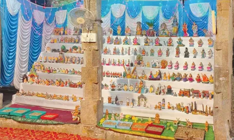 கோவிலில் கொலு வைக்கப்பட்டிருந்தது.