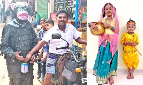 வேடம் அணிந்தவர் காணிக்கை பெறும் காட்சி.