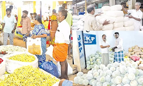 தஞ்சையில் பூ, பொரி மற்றும் தர்பூசணி விற்பனை மும்முரமாக நடந்து வந்தது.