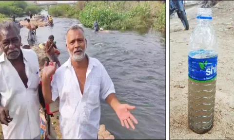 கருப்பு நிறத்தில் தண்ணீர் ஓடியதை பார்த்து ஆற்றில் குளிக்க சென்றவர்கள் அதிர்ச்சி அடைந்ததையும், கருப்பு நிறத்தில் காணப்படும் தண்ணீரையும் படத்தில் காணலாம்.