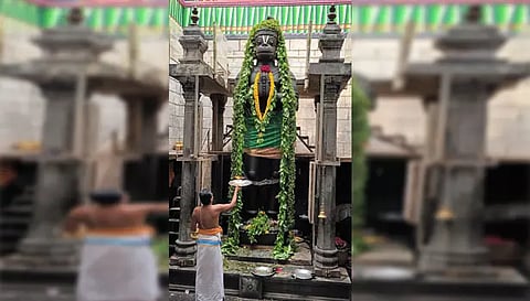 கும்பாபிஷேக விழாவையொட்டி ஆஞ்சநேயர் வெற்றிலை அலங்காரத்தில் பக்தர்களுக்கு அருள்பாலித்த காட்சி.