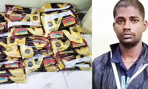 கைதான அஜித் மற்றும் அவரிடம் இருந்து பறிமுதல் செய்யப்பட்ட போதை பொருட்கள்.
