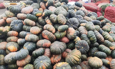 வெளியூர் வியாபாரிகள் வராததால் ஒட்டன்சத்திரம் மார்க்கெட்டில் தேக்கமடைந்த அர்ஜூனா பூசணிக்காய்.