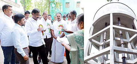 தாமிரபரணி கூட்டுக்குடிநீர் திட்டப்பணிகள் நடைபெற்று வருவதை சட்டப்பேரவை உறுதிமொழிக் குழுவினர் ஆய்வு செய்தனர். அருகில் கலெக்டர் ஜெயசீலன் உள்ளார்.