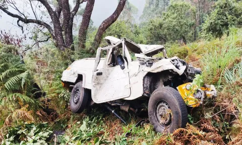 கொடைக்கானலில் பள்ளத்தில் கவிழ்ந்து கிடக்கும் வேன்.