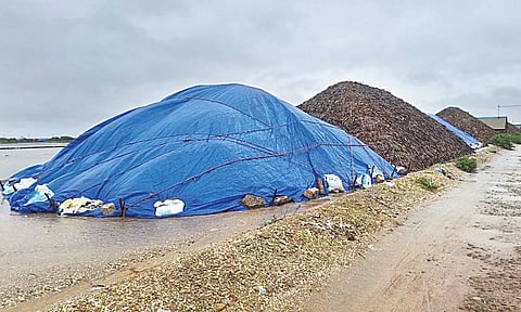 உற்பத்தி செய்த உப்பை தார்பாயை வைத்து மூடி வைத்துள்ள காணலாம்