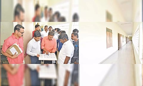 வாக்கு எண்ணும் மையத்தை கலெக்டர் ஆய்வு செய்த காட்சி.&nbsp;