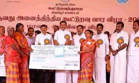 சுய உதவி குழுக்களுக்கு கடன் உதவிகளை  அமைச்சர் மு.பெ.சாமிநாதன் வழங்கிய காட்சி.