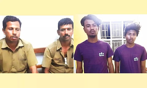 தாக்குதலில் காயமடைந்த டிரைவர், கண்டக்டரையும், கைதான ஆனந்தன், மகேந்திர பிரசாத்தையும் படத்தில் காணலாம்.