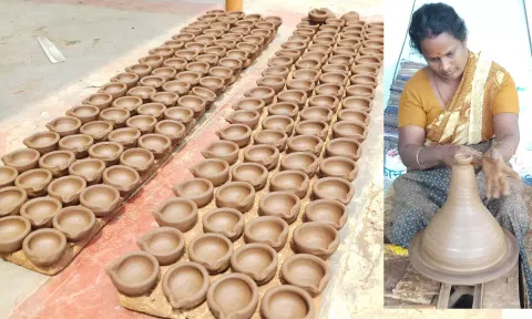 விற்பனைக்கு வைக்கப்பட்டுள்ள அகல்விளக்குகள் மற்றும் தயாரிப்பு பணியில் ஈடுபட்டுள்ள பெண்.