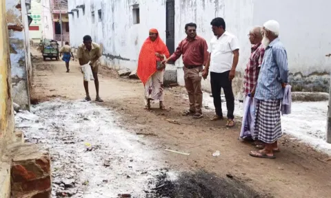 மேலப்பாளையம் பகுதியில் மாநகராட்சி ஊழியர்கள் கிருமிநாசினி தெளித்த காட்சி.