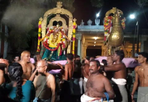 ஆழ்வார்திருநகரி ஆதிநாதர் ஆழ்வார் பெருமாள் கோவில் கருடசேவை நடந்த காட்சி.